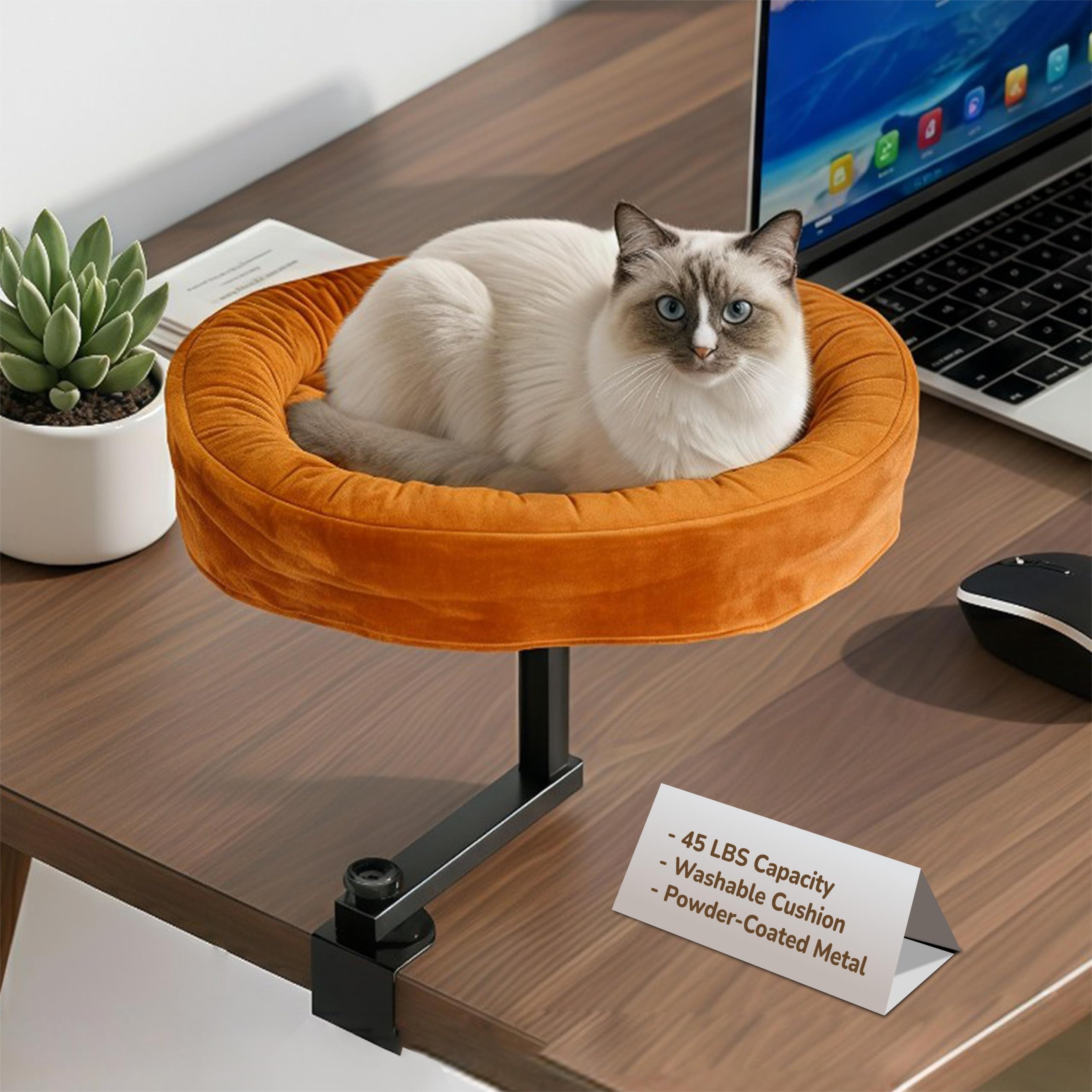 View 1 of [Ready to Gift] PURRHOUSE Up to 45LBS Capacity Cat Desk Bed - 360° Rotating & Adjustable Shelf, Pet Perch for Desks with Washable Cushion, Desk Cat Bed Attachment for Various Tables (Brown)
