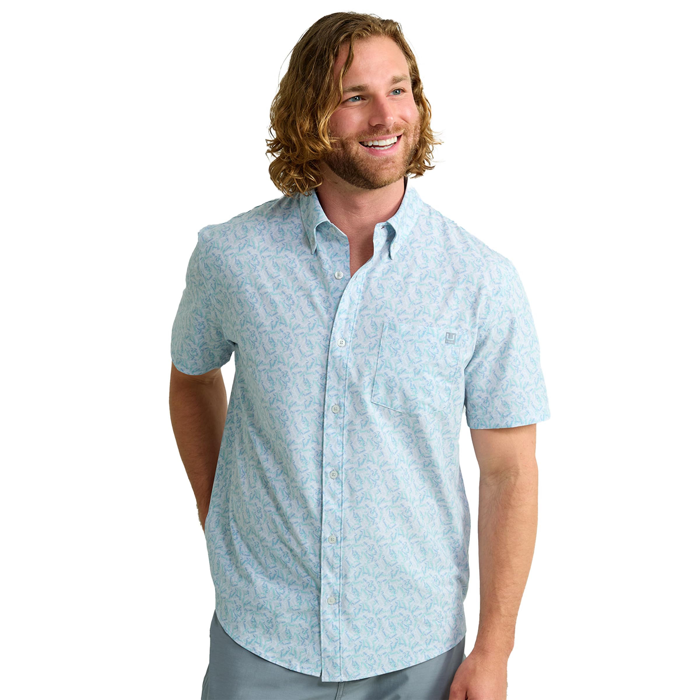 HUK – Men’s Kona Short Sleeve Fishing Button Down Shirt for Men, Kona Print – Harbor Mist, XX-Large