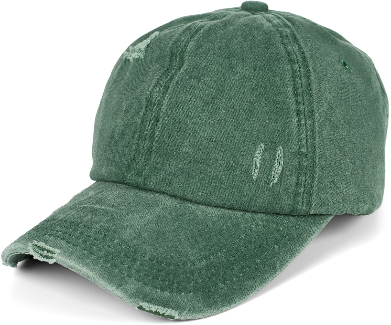 styleBREAKER Ladies Baseball Cap in Washed Destroyed Used Look, Ponytail, 6-Panel, Hook-and-Loop Fastener Adjustable 04023080, Colour:Dark Green