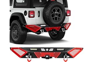 AUTOBULL Rear Bumper - Compatible with 2007-2018 JP Wrangler JK/JKU, Off-Road Rock Crawler Full-Width Bumper with LED Lights, 2" Hitch Receiver, D-Rings & Red Paintable Armor