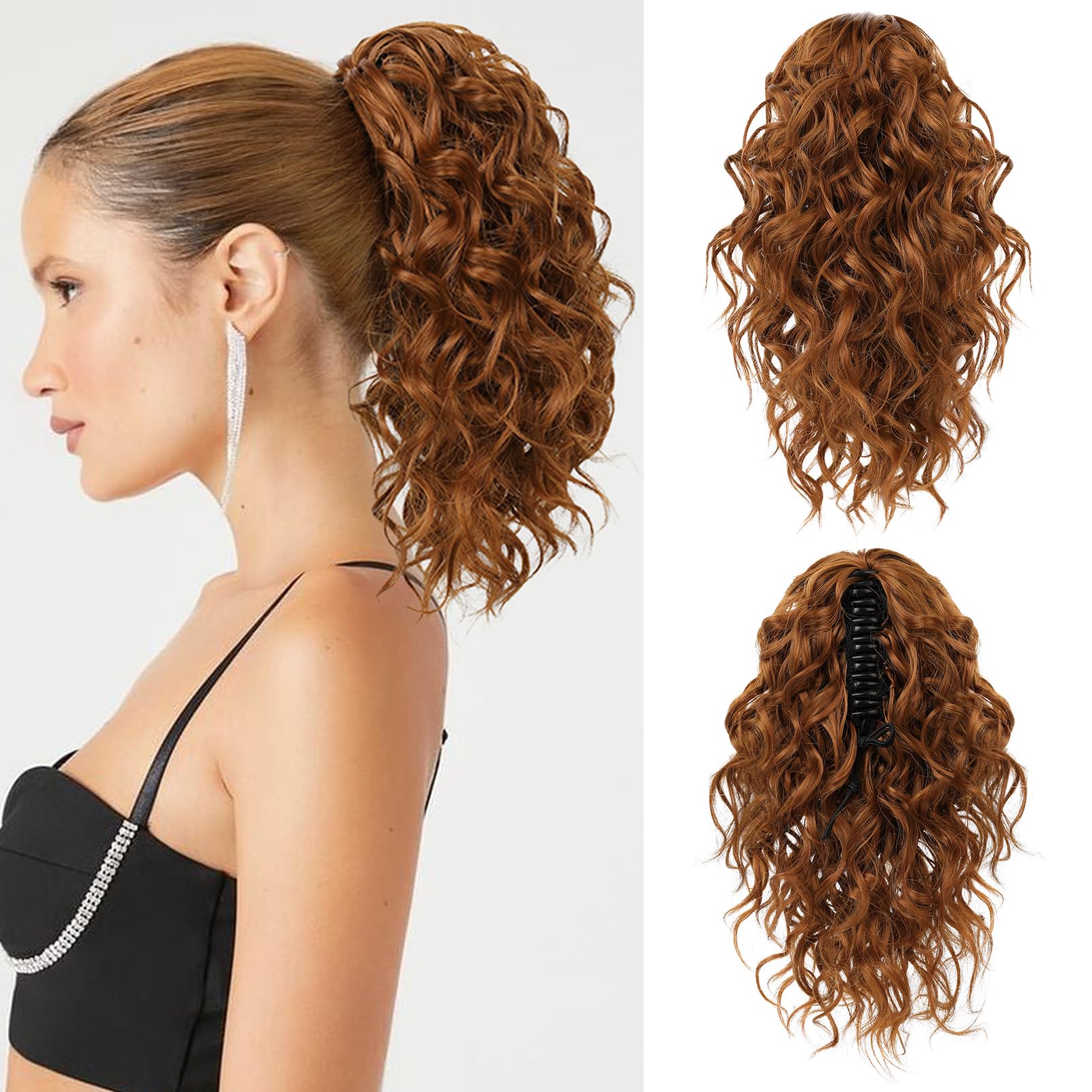 Flufymooz 12" Short Claw Ponytail Extension Wavy Curly Jaw Clip in Pony tails Hair Extension Natural Synthetic Hairpiece for Women (Copper Red)