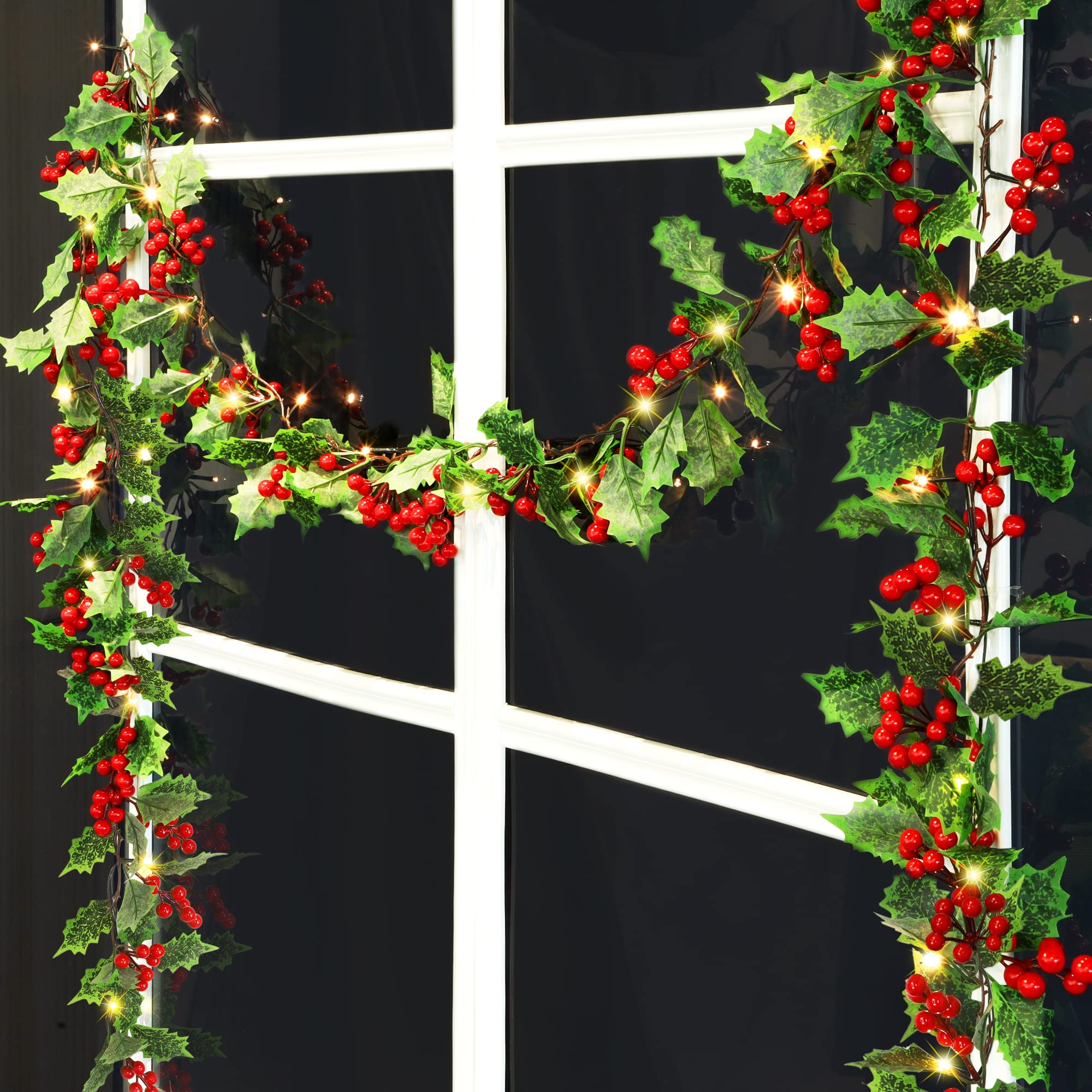 Photo 1 of ATDAWN 9 FT Red Berry Christmas Lighted Garland, Battery Operated Christmas Garland with Lights, Flexible Artificial Garland for Indoor Home Fireplace Christmas Holiday New Year Decoration