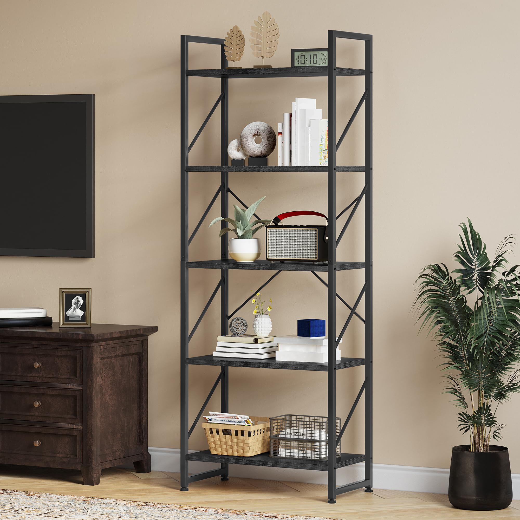 YITAHOME Bookcase 5 Tiers, Floor Standing Book Shelf, Wooden Shelf and Metal Frame Book Rack, Display Storage Rack Shelving Units for Living Room, Home Office - Black Bookshelf