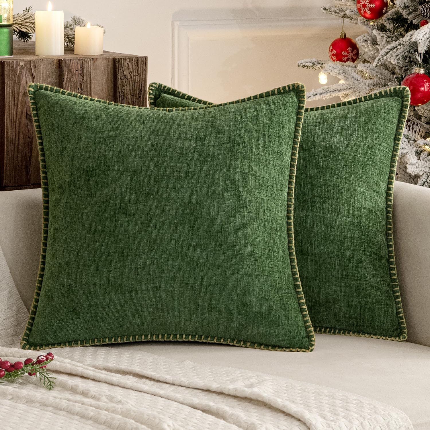 Photo 1 of MIULEE Pack of 2 Christmas Couch Pillow Covers 18x18 Inch Moss Green Farmhouse Decorative Throw Pillow Covers with Stitched Edge Soft Chenille Solid Dyed Pillow Covers for Sofa Bed Living Room