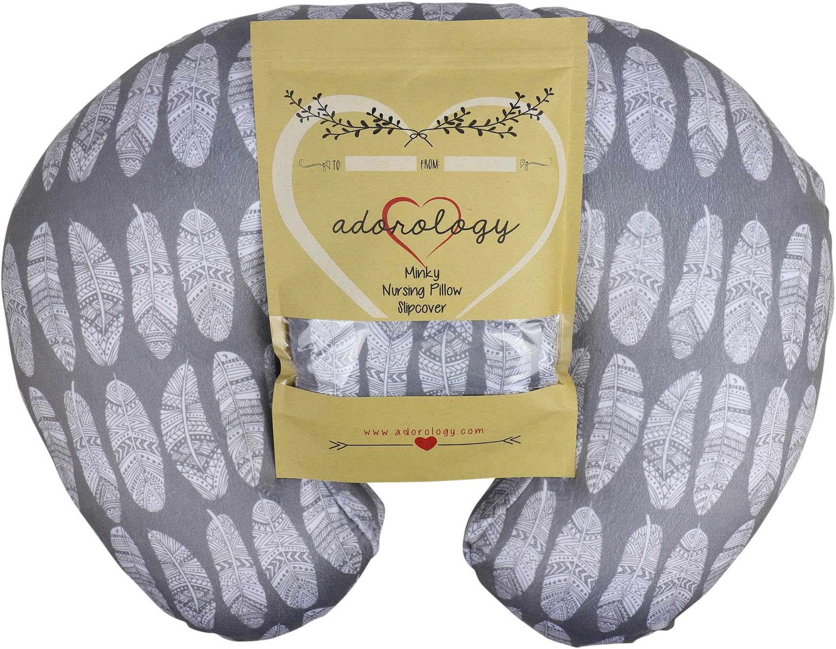 Adorology Minky Nursing Pillow Slipcover, Gray Feathers Design, Infant Breastfeeding Soft Pillow Cover,Great for Baby Shower for Any Mom to Be