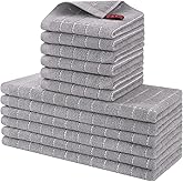 Homaxy Kitchen Towels and Dishcloths Set, 12 x 12 and 13 x 28 Inches, Set of 12 Bulk Cotton Terry Kitchen Towels Set, Checkered Designed, Soft and Super Absorbent Dish Towels, Light Grey