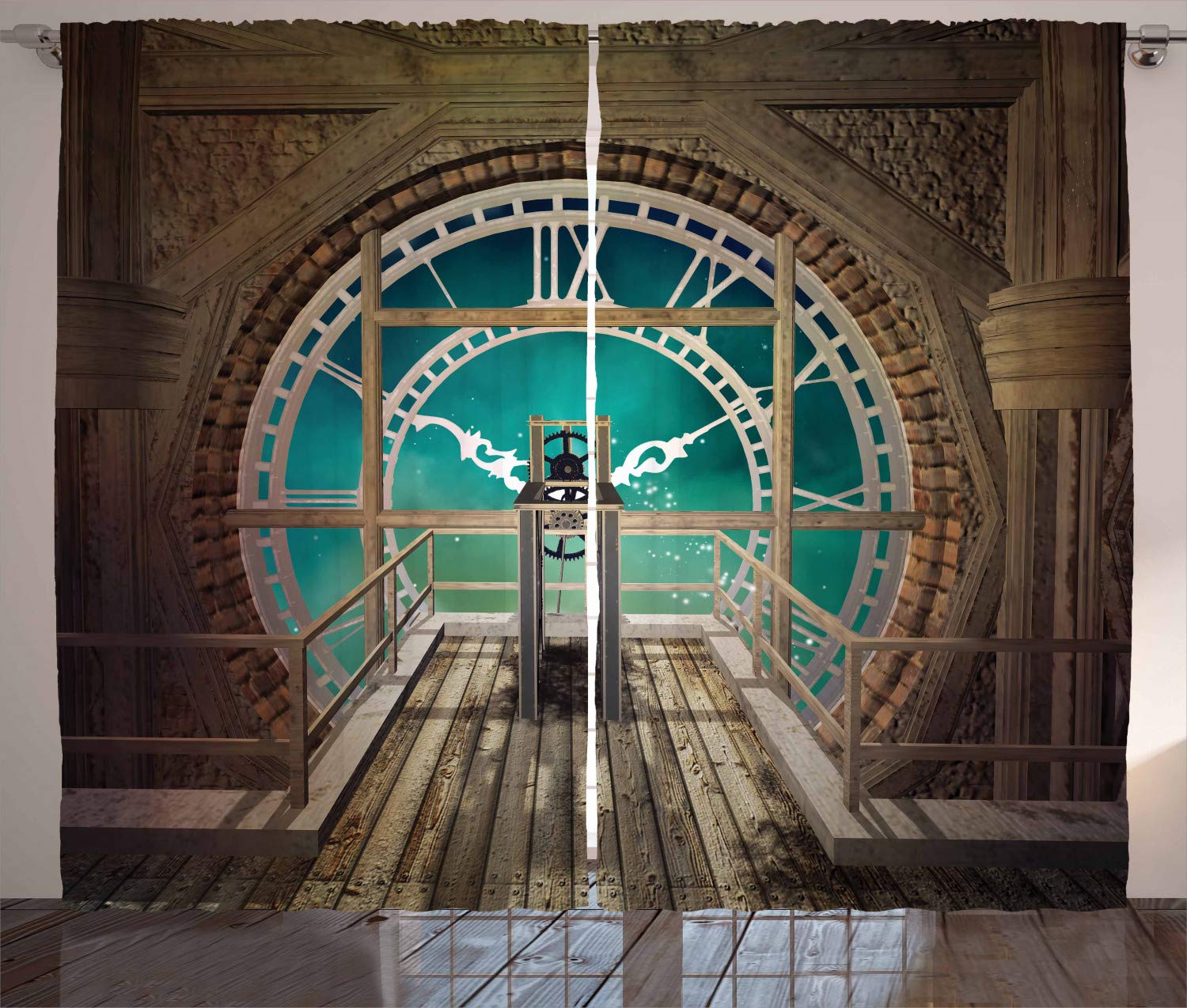 ABAKUHAUS Steampunk Curtains, Fantasy Background Print of Inside View of Clock Tower Wooden Mezzanine, Living Room Bedroom Window Drapes 2 Panel Set, 280 x 260 cm, Turquoise — image 1