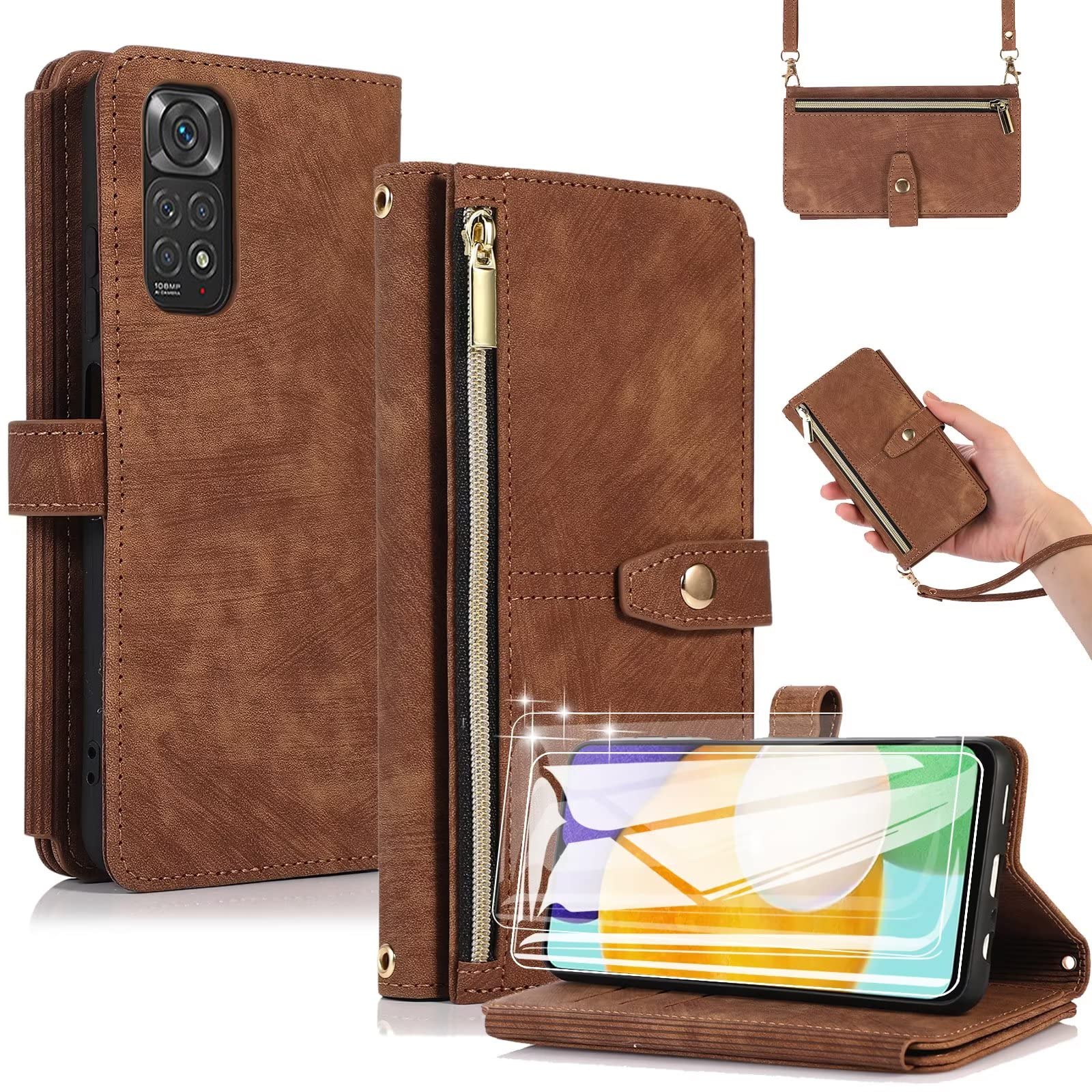 ESONG Crossbody phone Case for Xiaomi Redmi Note 11 4G/Note 11S,Leather Zipper Wallet Flip Magnetic Shockproof Protection Cover with 2 Tempered Glass Screen Protectors[9 Card Slot/2 Coin Pouch],Brown