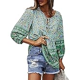 KAYWIDE Women's Casual Boho V Neck Top Loose Floral Printed Long Sleeve Beach Shirts Blouses