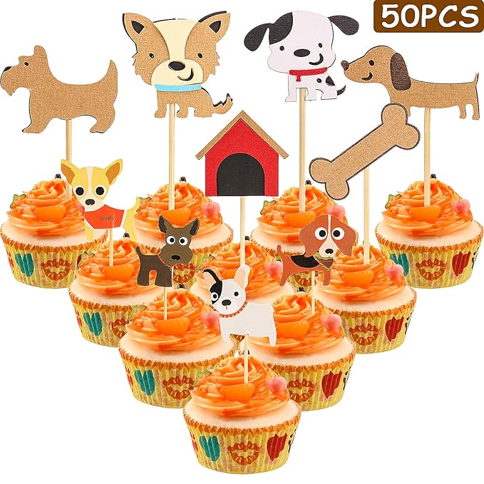 50 Pieces Dog Cupcake Toppers, Puppy Cupcake Toppers, Dog Cake Toppers