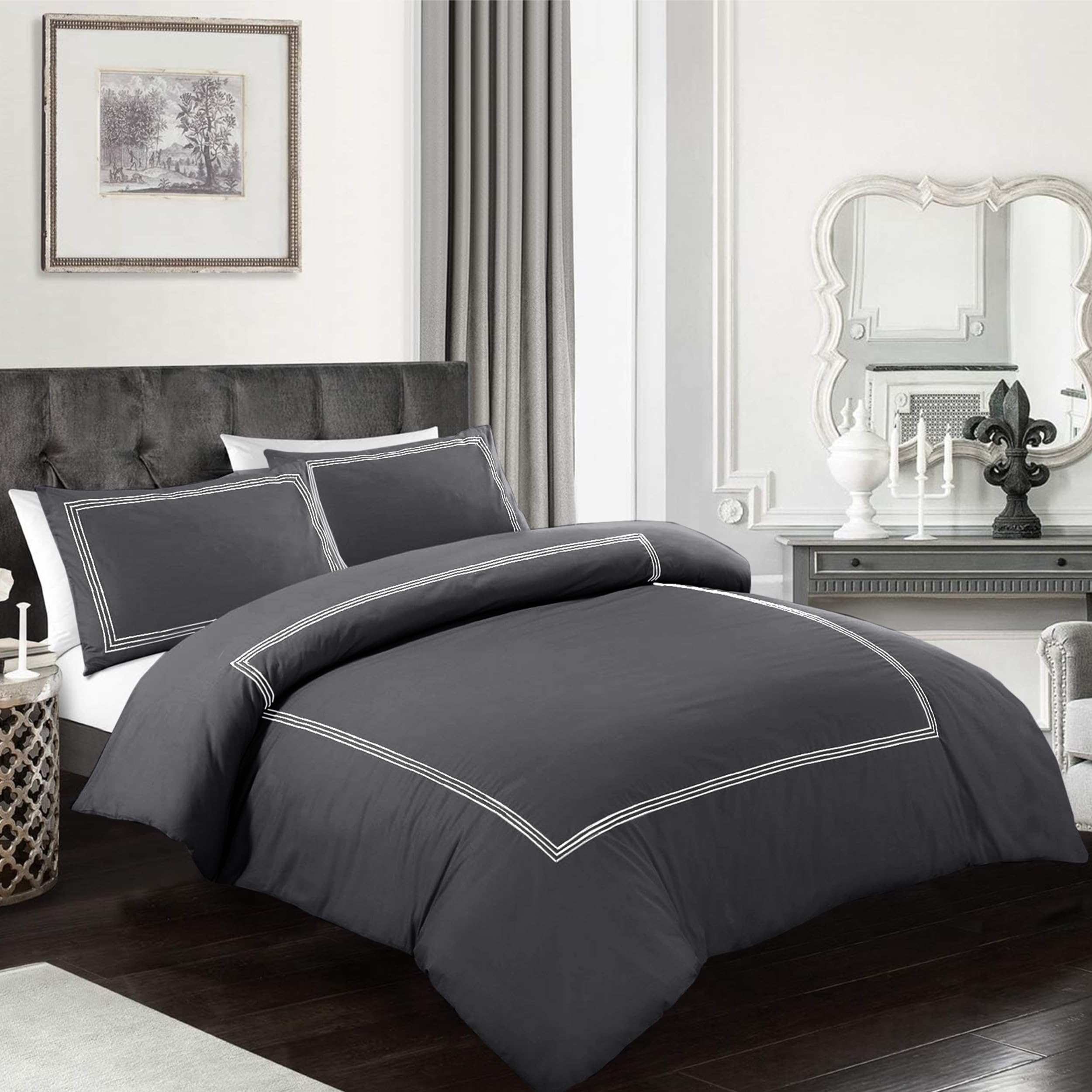 My home store Embroidered Duvet Cover Set Hotel Quality 200TC Bedding Set Soft Breathable 100% Poly Cotton Quilt Cover with 2 Pillowcases (Bratta Stitch Charcoal, Super King)