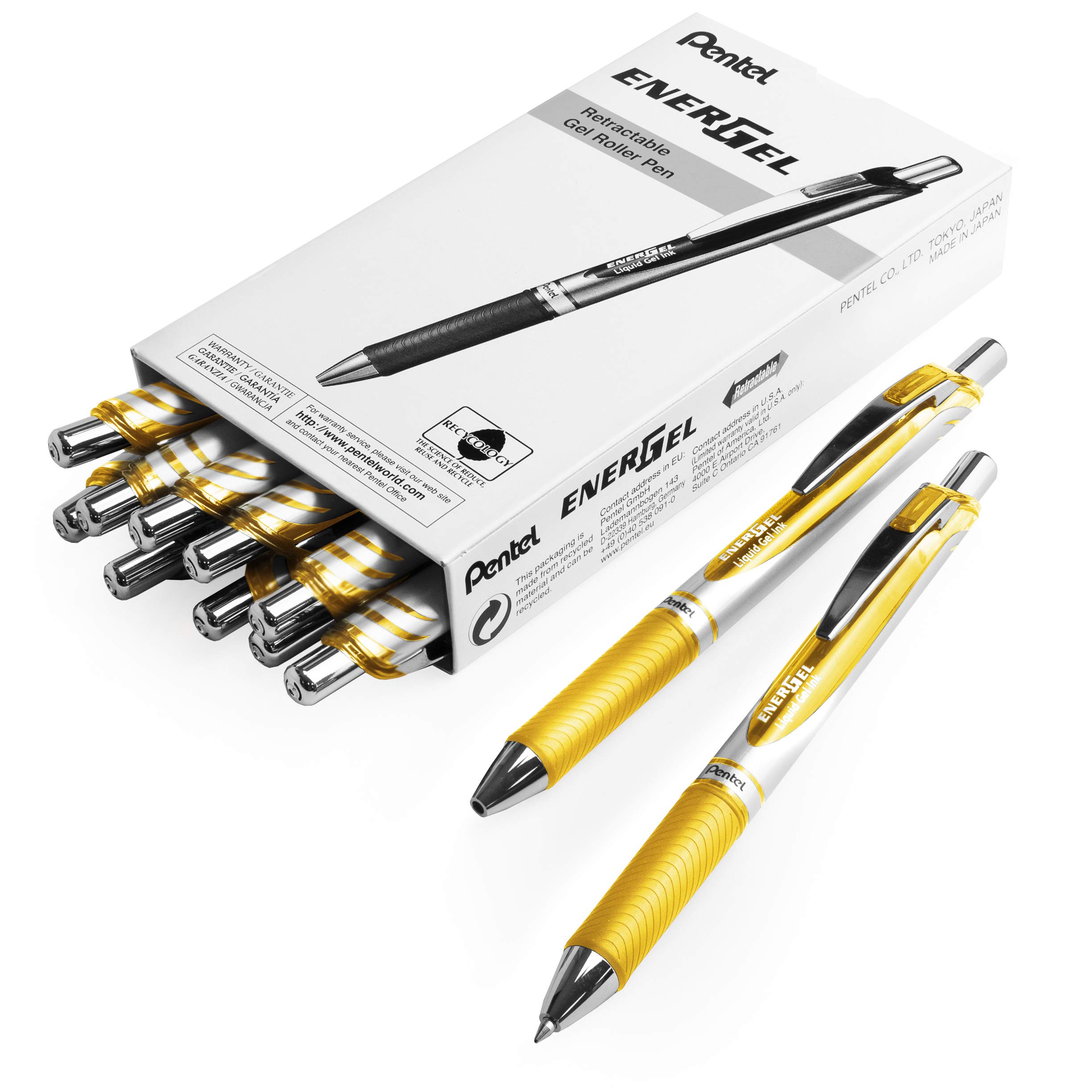 Pentel EnerGel XM BL77 - Retractable Liquid Gel Ink Pen - 0.7mm - 54% Recycled - Yellow - Pack of 14