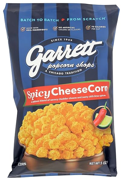 GARRETT POPCORN SPICY CHEESECORN, 5.0OZ, SPICY CHEDDAR POPCORN, GLUTEN FREE, SPICY SNACK, POPPED POPCORN BAG