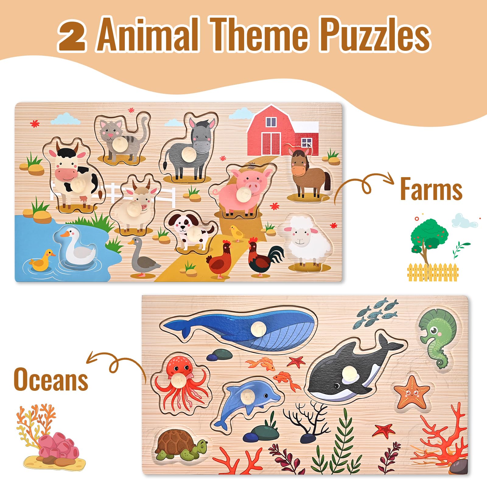 Wooderma Wooden Peg Puzzles for Toddlers 1-3, 2 Pcs Montessori Educational Learning Puzzle Toy Sets - Animal & Sea Themes Puzzles, Great Preschool Gifts for Girls and Boys (6.29 * 11.61in)