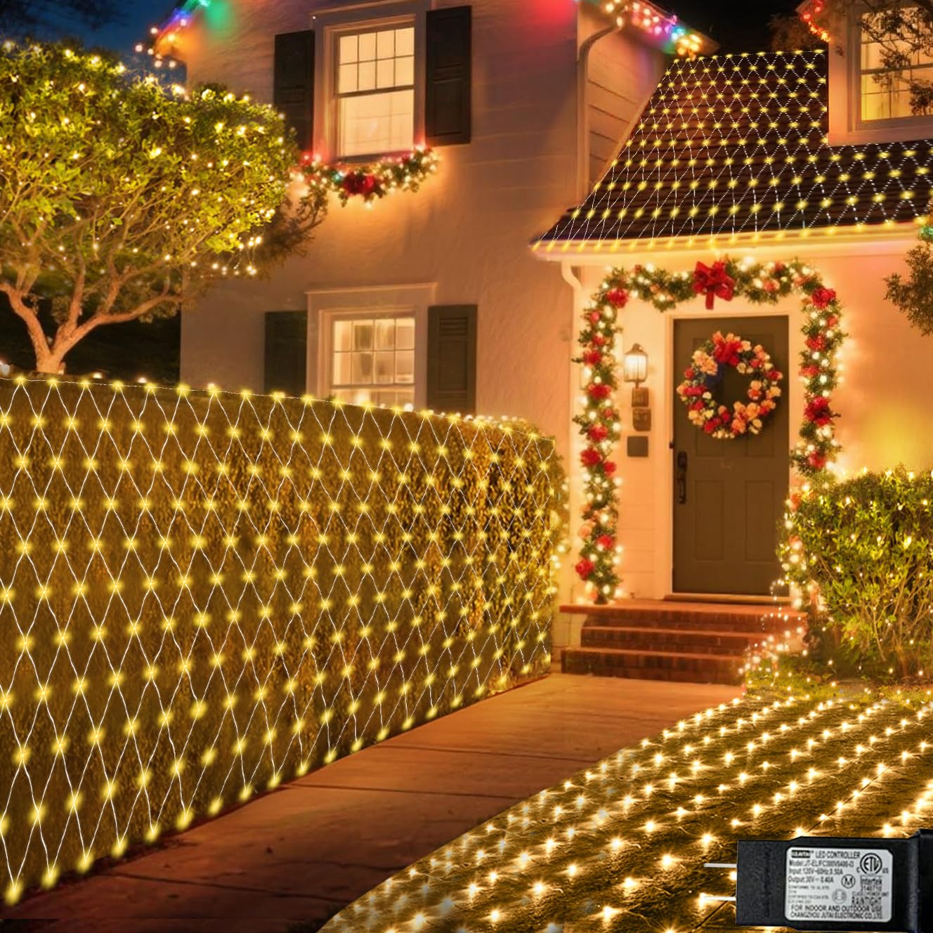 Photo 1 of Christmas Net Lights, 610 LED Large Outdoor Net Mesh Lights 34.5X 5ft, 8 Modes Waterproof Twinkle String Lights Connectable for Bushes Halloween Yard Decor, Warm White