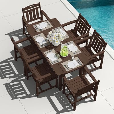 SUUNYN HDPE Outdoor Patio Dining Set with Table & 6 Chairs, All-Weather 7-Piece Outdoor Table and Chairs, 2" Umbrella Hole, Patio Furniture for Garden, Backyard, Deck | Brown