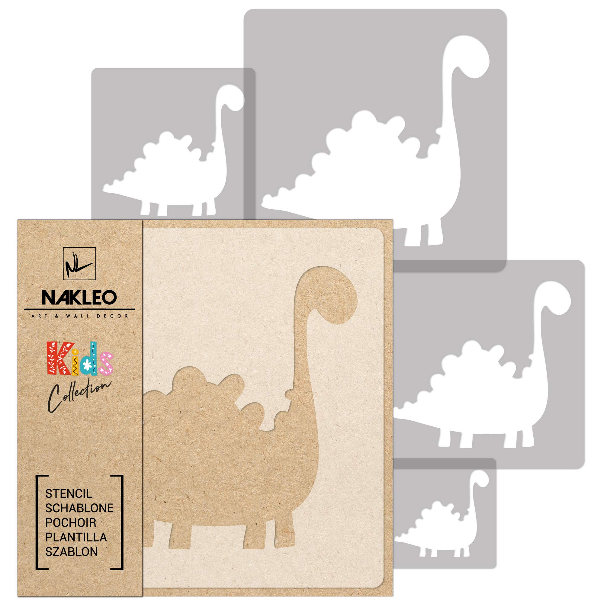 NAKLEO Painting Stencils Set for Nursery Room, 5 Pcs Templates 9x9 to 34x34cm Dinosaur Jurassic Reptile, Plastic and Reusable Drawing Stencils, Decor, Craft DIY Wall Furniture
