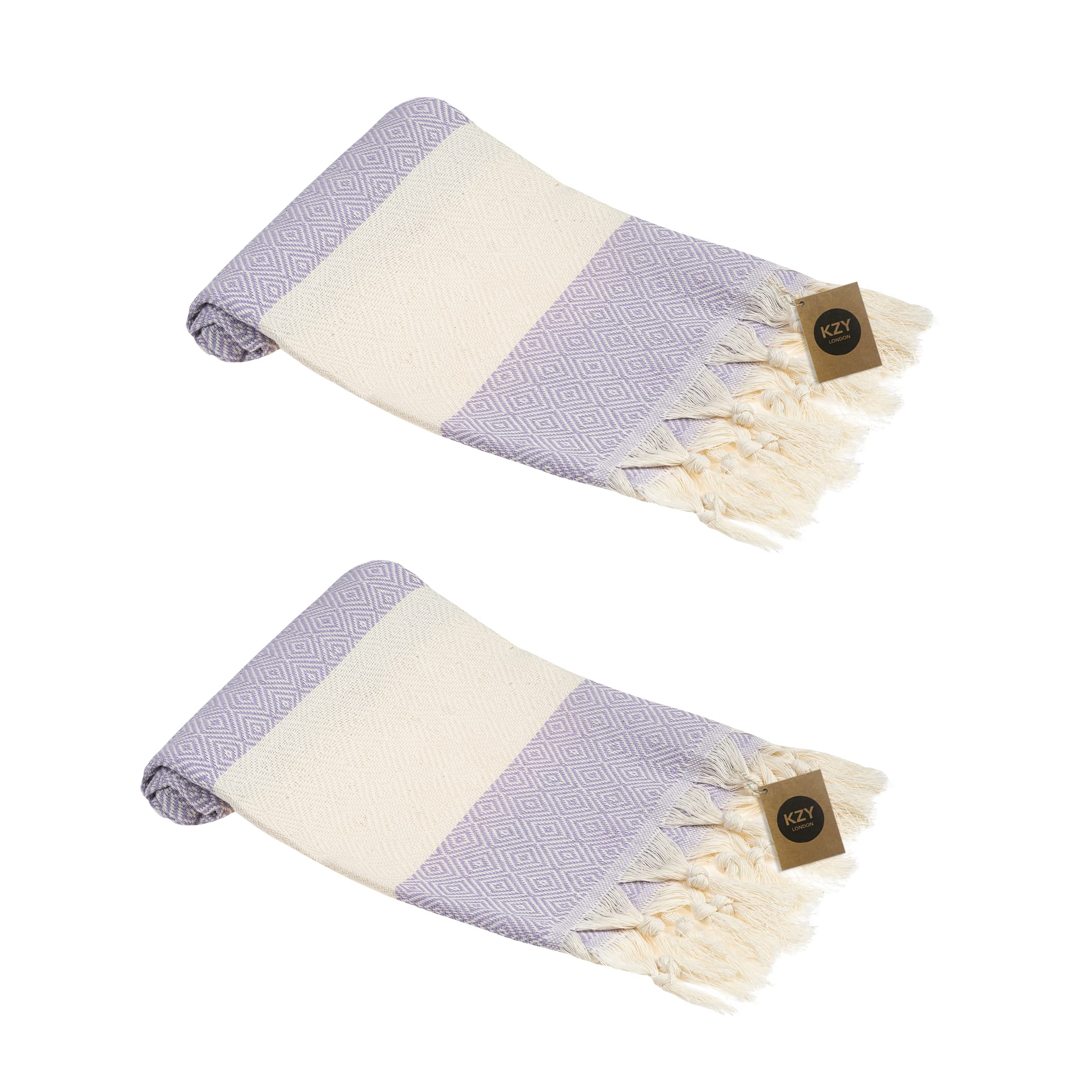 KZY LONDON Turkish Hand Towel Set of 2 - Towel for Kitchen and Bathroom - 50x100cm, 18,5x40 Inches - Prewashed Absorbent Peshtemal Decorative Towel for Face, Hand, Hair, Gym, Travel (Lilac)