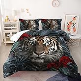 Nttopship Tiger Comforter Set Queen Size,Red Rose Flower Comforter Set for Kids,Wild Animal Printed Comforter Sets,Kids Room Decor with 1 Comforter with 2 Pillow Case