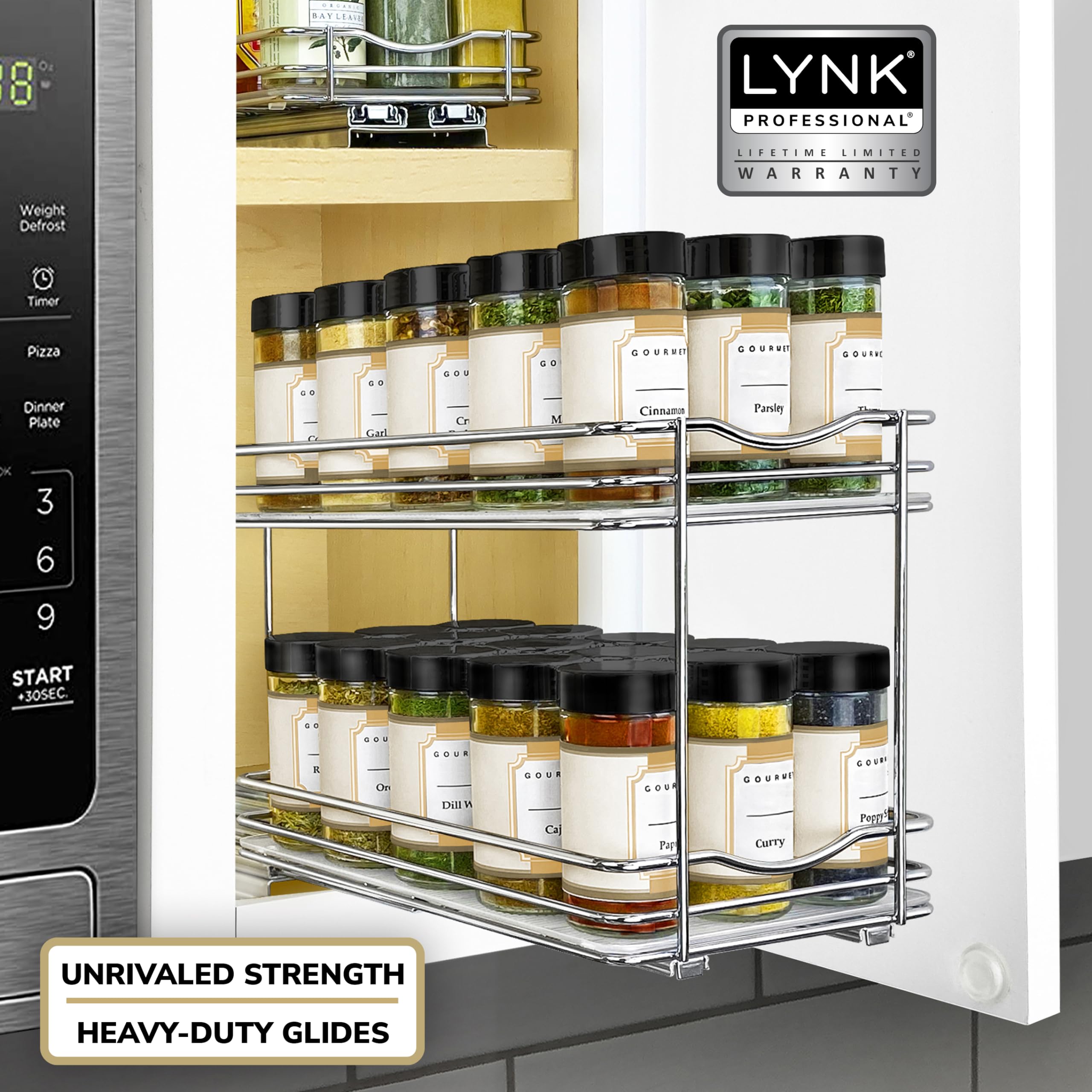 LYNK PROFESSIONAL® Pull Out Spice Rack Organizer for Inside Kitchen Cabinets - 6-3/8 inch Wide - Slide Out Drawer – Chrome Sliding Spice Cabinet Organization Shelf Racks - 2 Tier