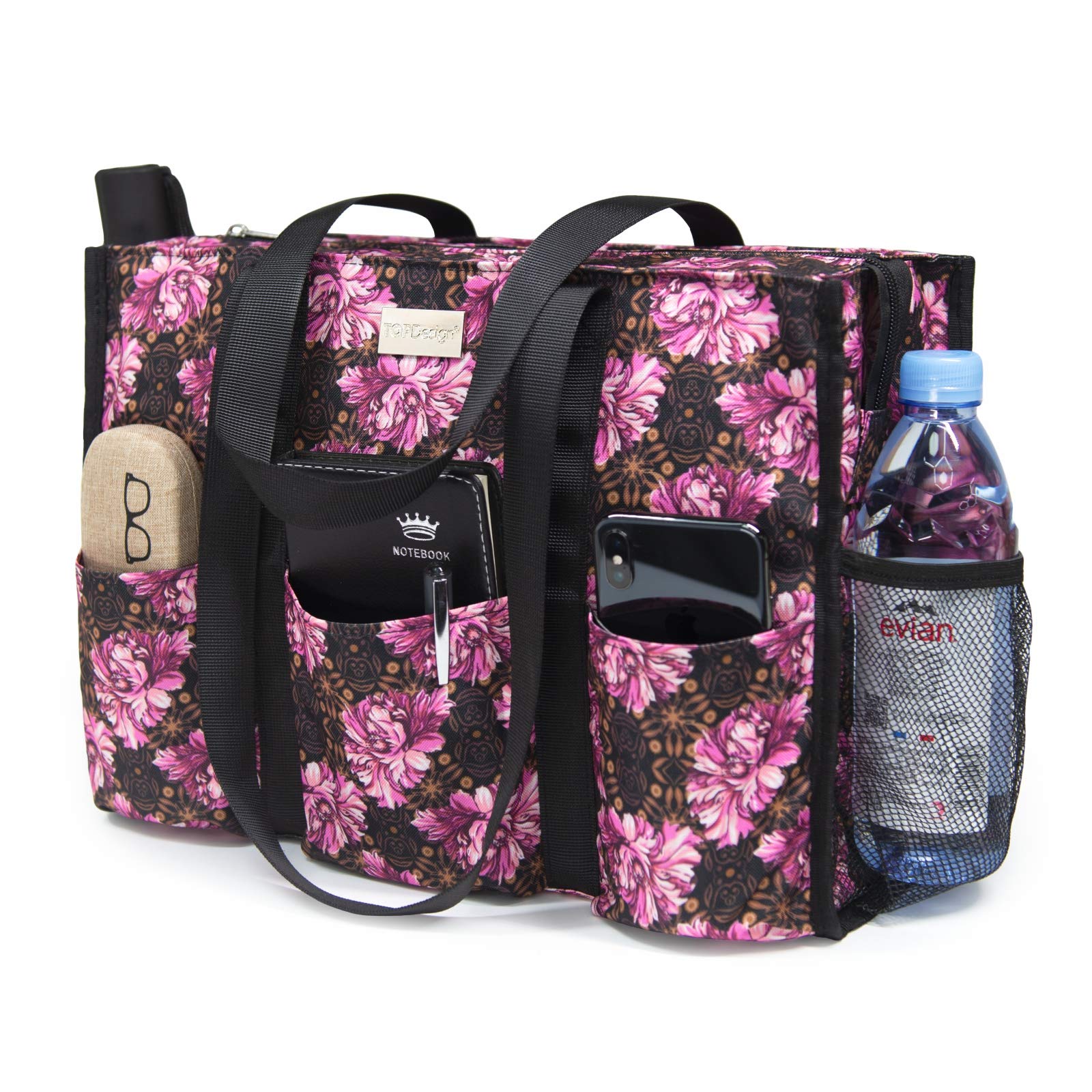 Photo 1 of TOPDesign Utility Water Resistant Tote Bag with 13 Exterior & Interior Pockets, Top Zipper Closure & Thick Bottom Support, for Working Women, Teachers, Nurses, Accountants (Baroque Carnation)