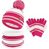 Kids Toddlers Winter Knit Warm Beanie Hat Scarf Gloves Set for Boys Girls Age 2-7, Pompom Cap Neck Warmer Gloves Fleece Lined