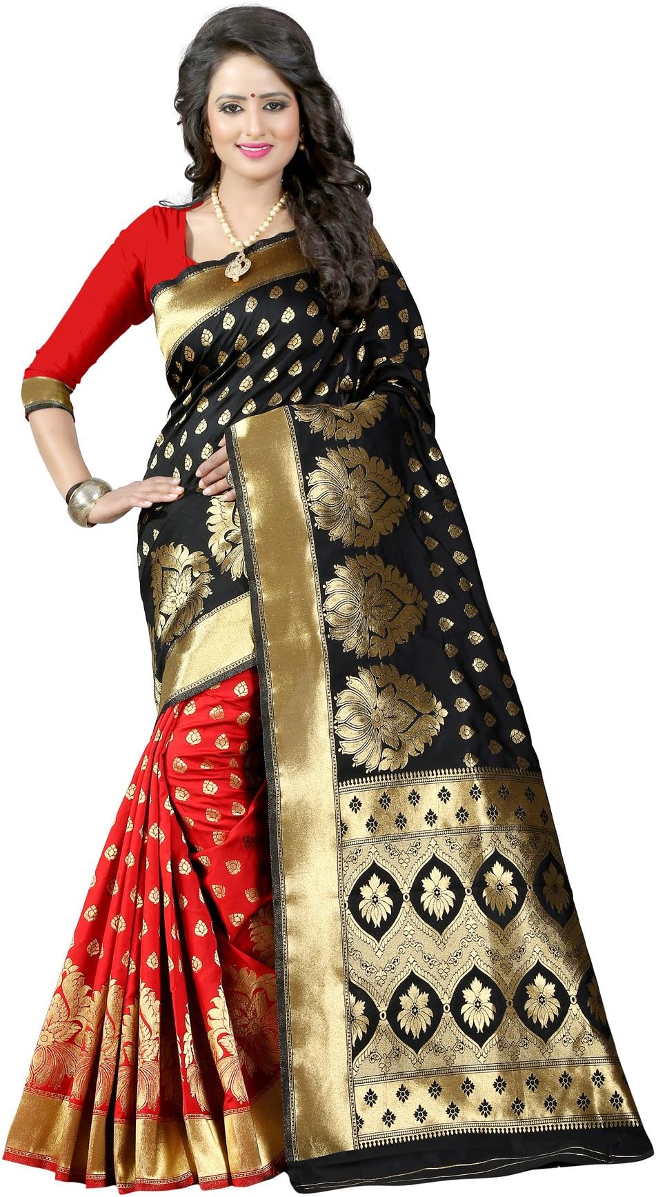 Women's Jamdani Art Silk & Tussar Silk Saree With Blouse Piece (Women Saree Pari 1 Black Red_Black & Red)