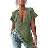 Tankaneo Womens Deep V Neck Short Sleeve T Shirts Summer Oversized Tshirts Casual Loose Fit Tunic Tops