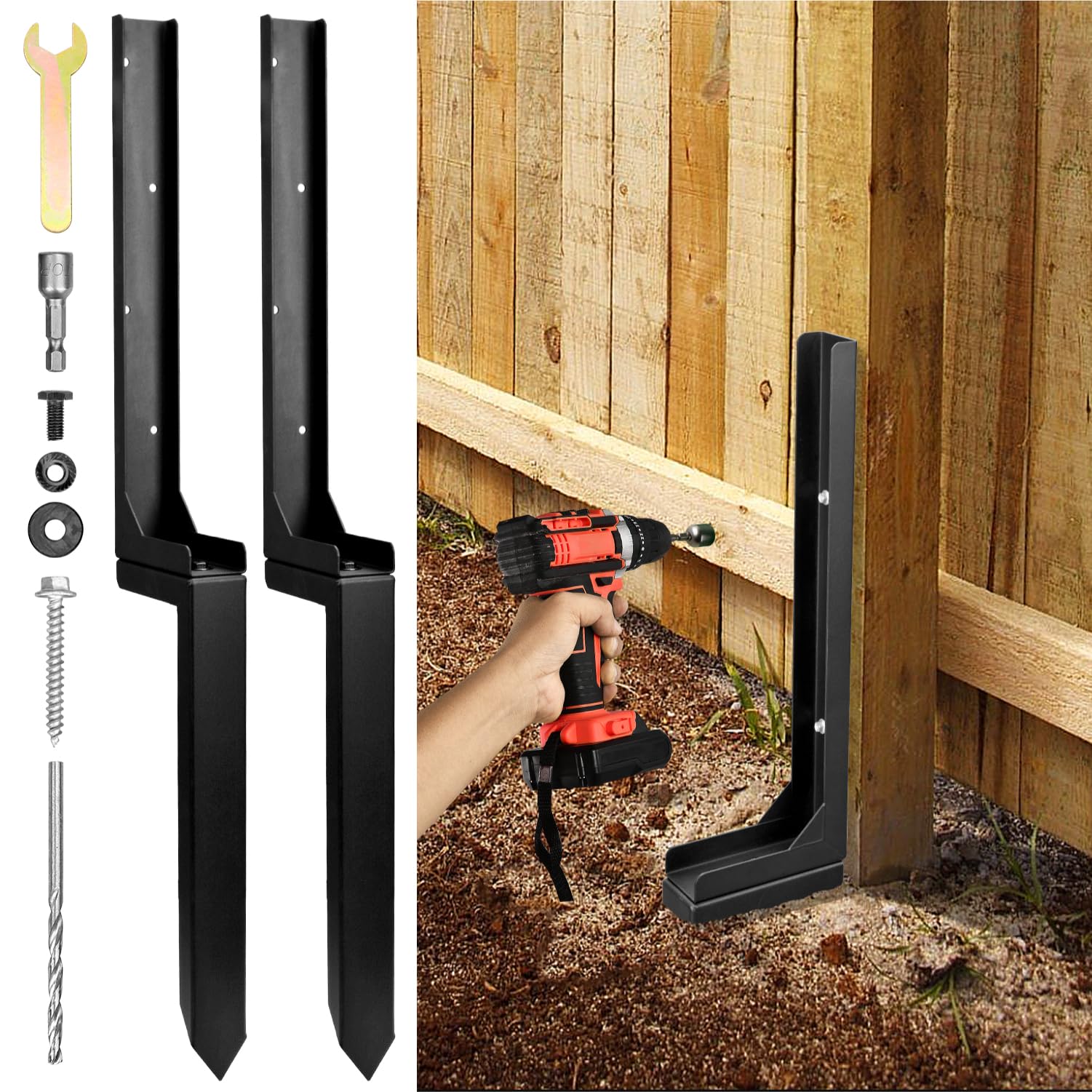 Photo 1 of Rotten Leaning Fence Post Repair Kit Adjustable Angle Quick Easy Fix Widen, Heavy Duty Steel Fence Post Anchor Ground Spike for Repair Tilted, Broken Wood Fence Post (Black - Set 2)