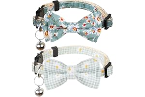 BANMODER Cat Collar Breakaway with Bells,Cute Cat Bow Tie,2 Pack Safety Plaid& Flower Kitten Collar for Girl Boy Male Cats (Green & Green Plaid Flower)