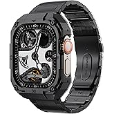 Mechanical Metal Watch Case with Band Compatible with Apple Watch Series 11/10 46mm Band,Rugged Military Stainless Steel Protective Bumper Cover,Tough Business iwatch Band Strap for Men,Gold