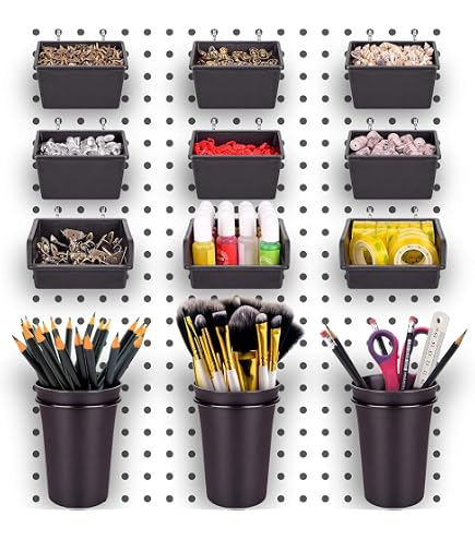 Metal Pegboard Shelf Set – 2-Pack 11.7" Tiered Shelving Racks, Black Accessory Display Trays For Office, Garage, Kitchen, Bathroom Organization