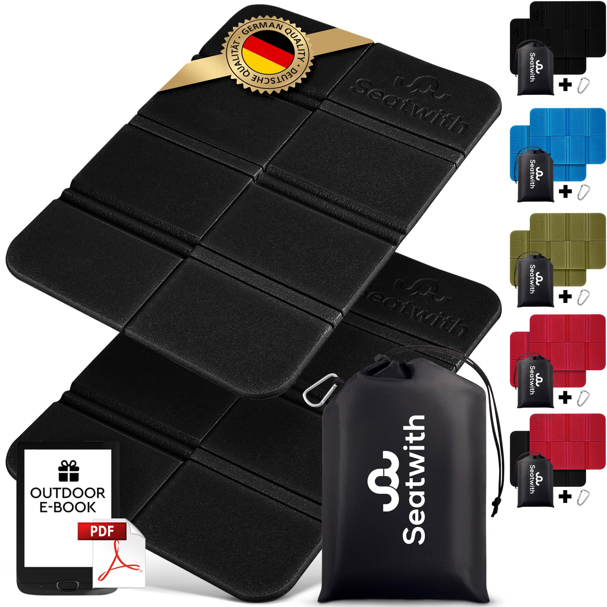Seatwith Folding Hiking Mat 2pcs - Insulated Folding Sit Mat w/Carry Bag & Hook - Sit Mats for Walkers - sit mat hiking - Folding Seat Pad - Camping Sit Mat Folding Camping Mat+Outdoor E-book - Black — image 1