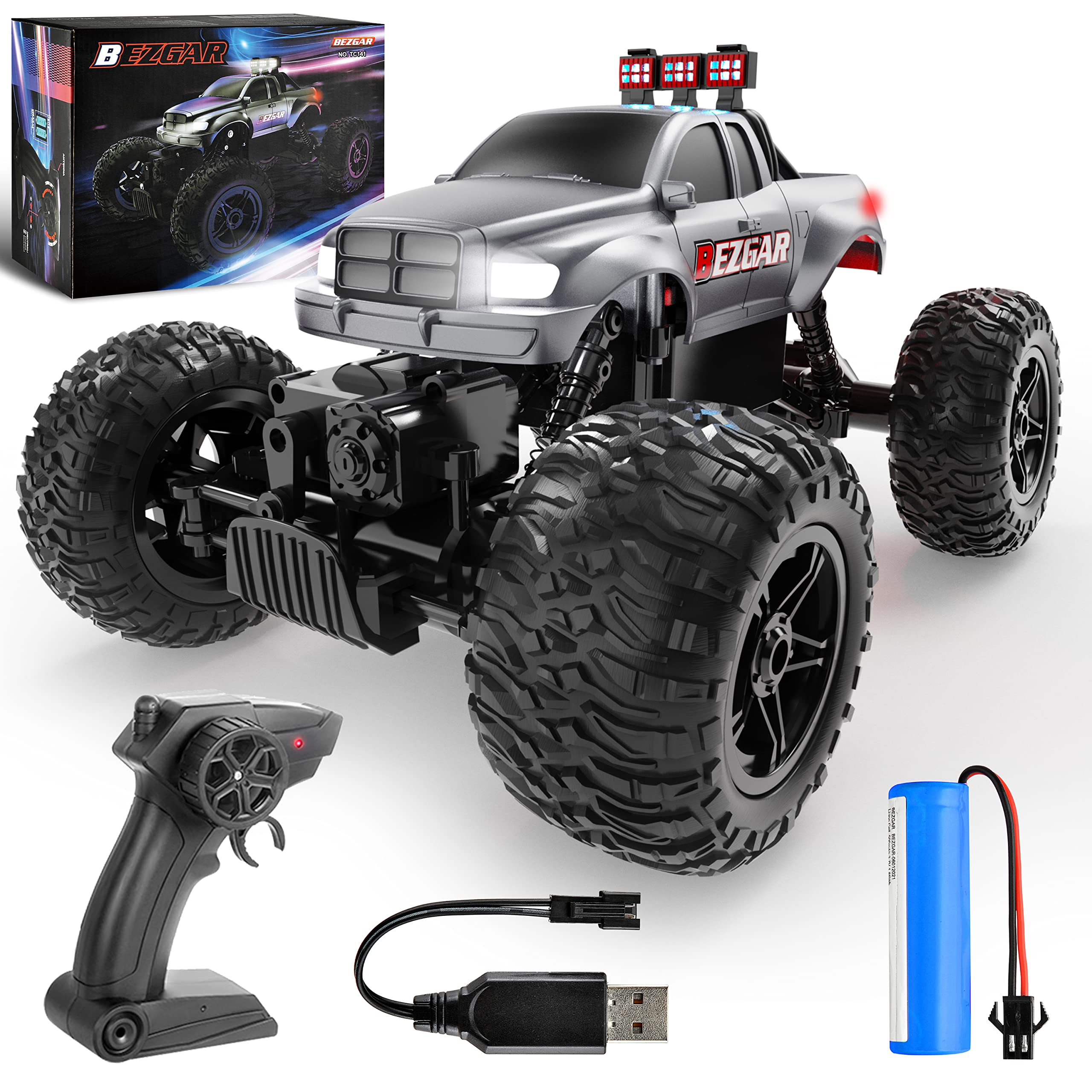 Photo 1 of (MISSING CHARGER) (USED/UNTESTED) BEZGAR Remote Control Monster Trucks for Boys Age 4-7 - 1:14 All Terrain Rc Truck for Kids with Rechargeable Battery, 2.4GHz Remote Control Cars for 8-12 Year Old Boys Girls, Monster Trucks Toys