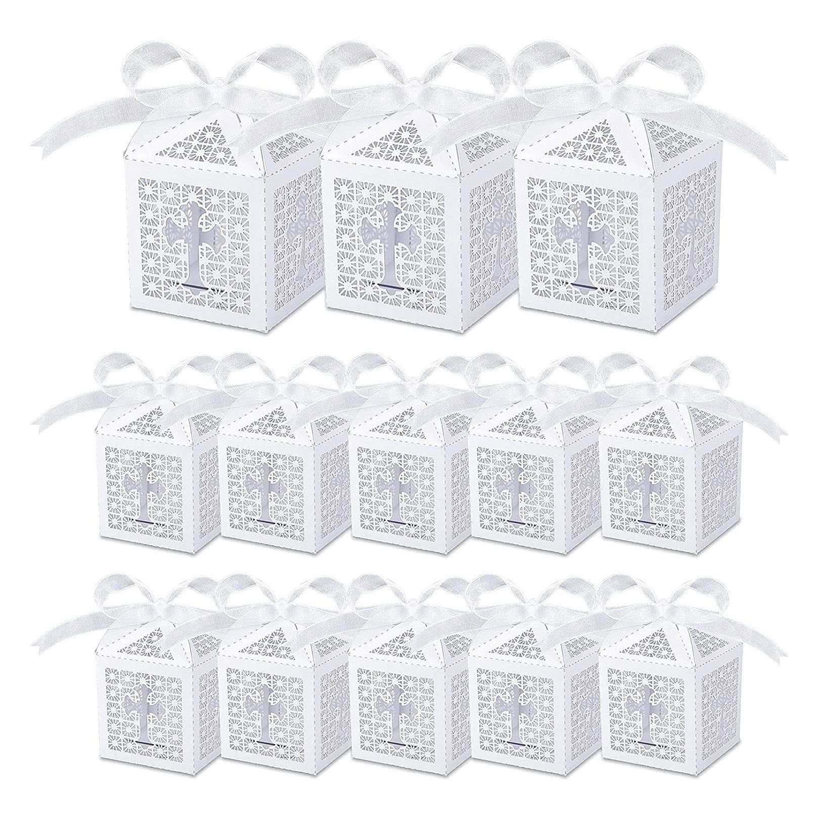 20 Pcs Candy Treat Gift Box with Ribbons, First Communion Christening Decorations Sugar Box for Boys & Girls, Laser Cut Hollow Cross Favor for Wedding Baby Shower Christmas Party