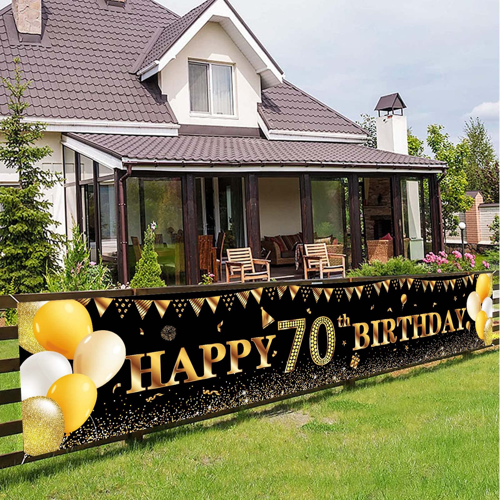 Happy 70th Birthday Banner,70th Birthday Decoration Black Gold,Party Backdrop Banner Fabric·Banner for Men Women 70thBirthday Photo Backdrop,Photography Background,Outdoor Yard Garden Table Wall