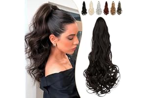 FELENDY 18" Ponytail Extension Small Claw Clip Curly Ponytail Hair Extensions Jaw Clips Long Wavy Pony tail Hairpiece for Women Synthetic Dark Brown