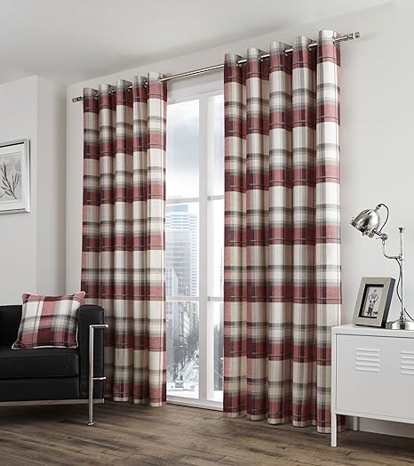 Balmoral Check Lined Eyelet Curtains Ring Top Curtain Pairs