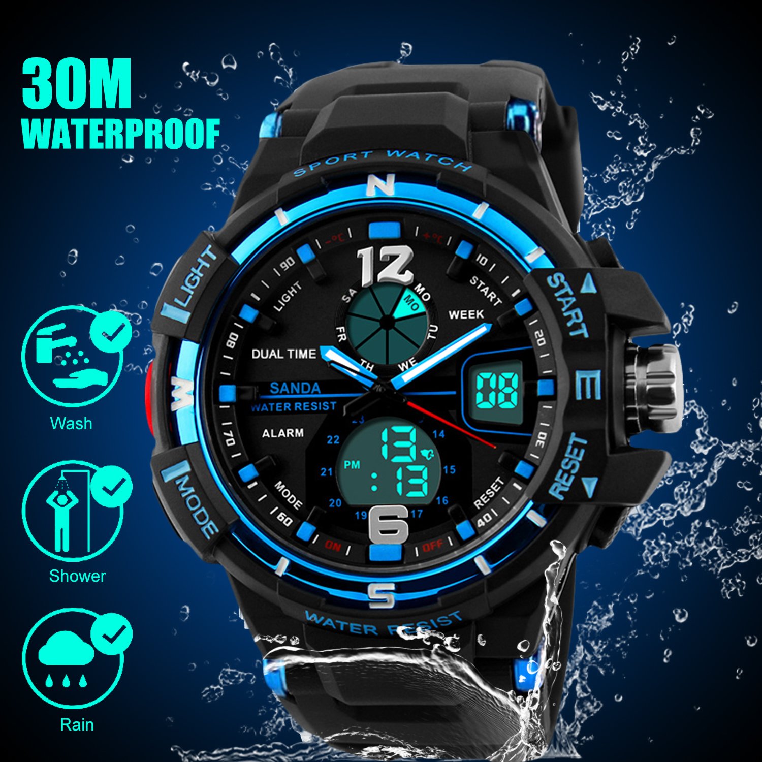 Kids Digital Sport Watch for Boys, Childrens Outdoor Sports Waterproof Military Analog Watches with Alarm
