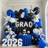 Royal blue and black white silver balloon kit 110PCS with graduation cap star letters Balloons for Congratulations Class of 2026 Graduation Party Decorations Grad Ceremony Prom Party Decorations