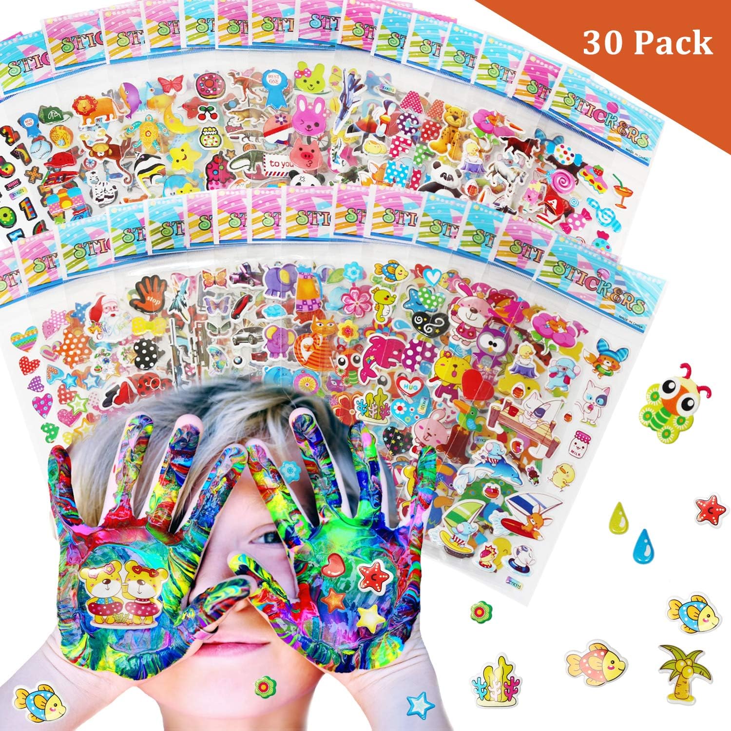 Kids Stickers 1200+, 30 Different Sheets, 3D Puffy Stickers for Kids, Bulk Stickers for Girl Boy Birthday Gift, Scrapbooking, Teachers, Toddlers, Including Animals, Plants, Flowers, Stars