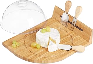 Relaxdays, Natur Käseglocke mit Bambus Käsebrett, Parmesanbrecher, Käsemesser, Käsegabel, magnetische Käseaufbewahrung, 11 x 31 x 25 cm