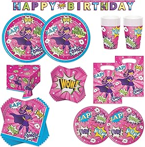 Superhero Girl Birthday Party Supplies Bundle - 16 Guest - Dinner Plates, Dessert Plates, Lunch Napkins, Beverage Napkins, Cups, Table Cover, Banner & Treat Sacks