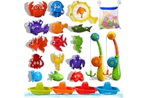 AMCHSURI Bath Toys for Kids Ages 3-5, 22 PCS Bath Toys for Toddlers 1-3, Fishing Game Fishing Pole Rod Net with Mesh Bag & Bo