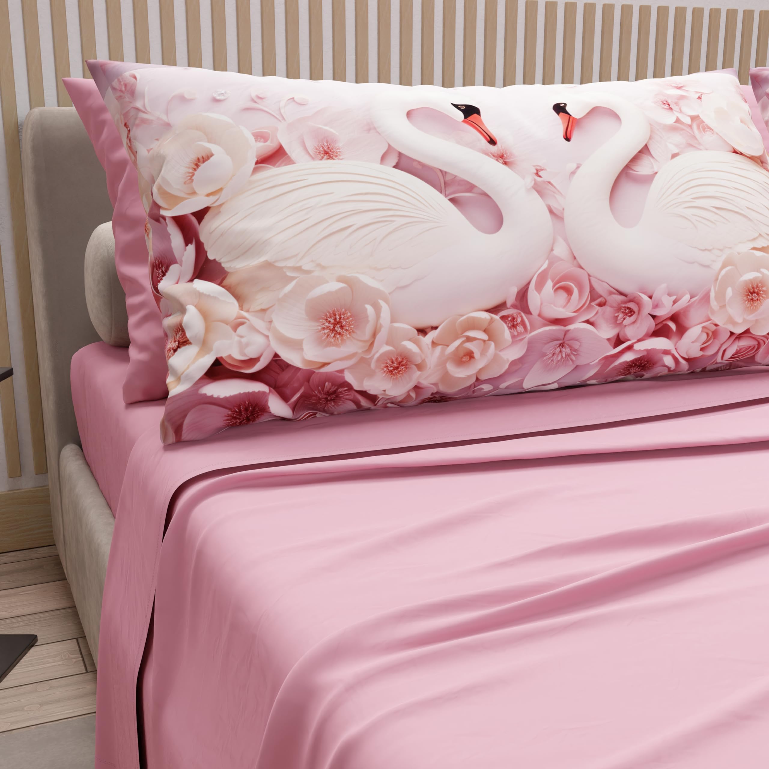 PETTI Artigiani Italiani - Cotton Sheets with Pillowcases in Digital Print, Single Bed Sheet, Single Bed Set, Pink Swans, 100% Made in Italy — image 1