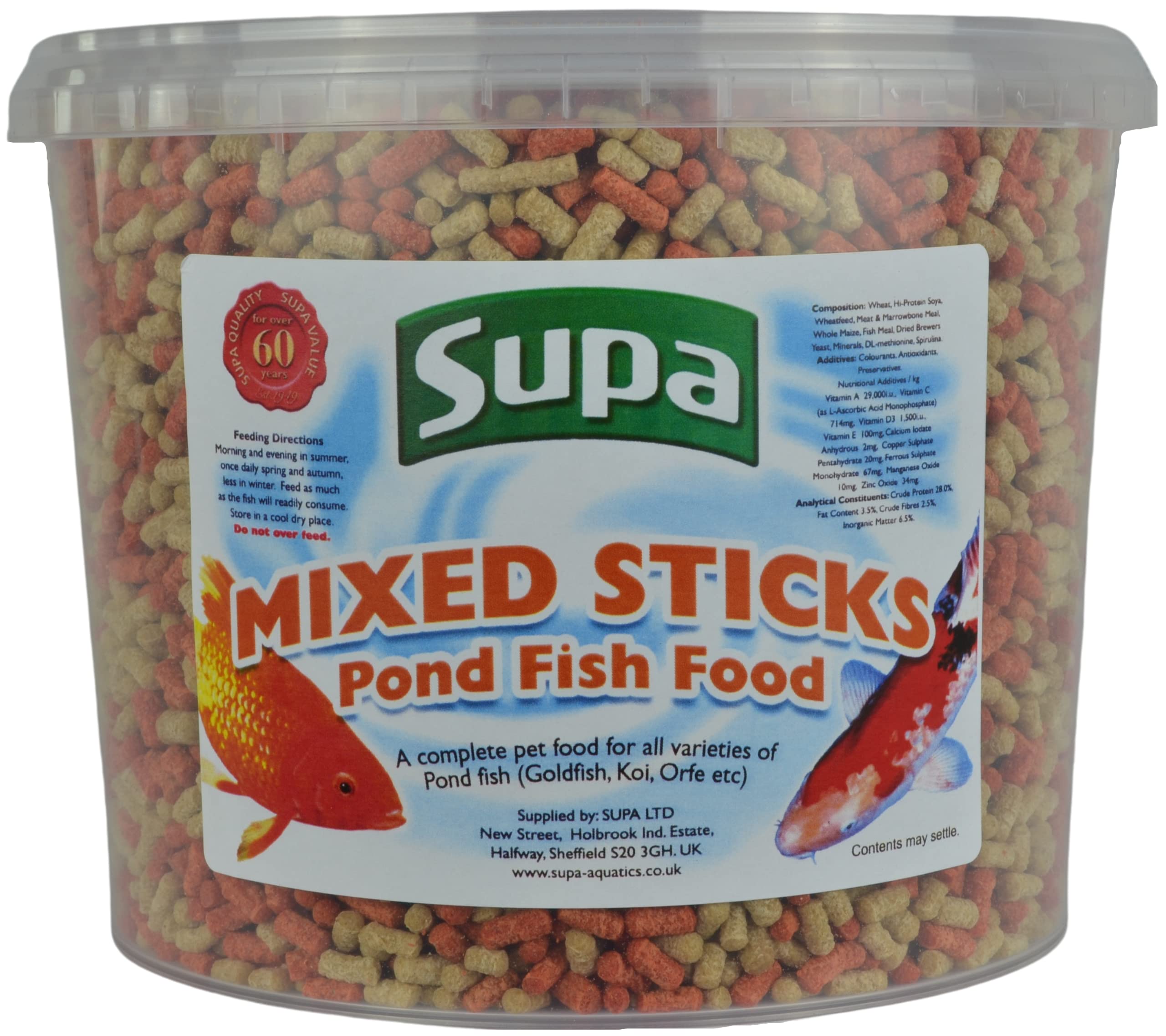 Supa Mixed Koi and Pond Sticks, 3 Litre Bucket| Premium Quality Fish Food Offering A Nutritionally Balanced Diet | The Orange Stick Contains Spirulina Which Enhances the Colour of Your Fish