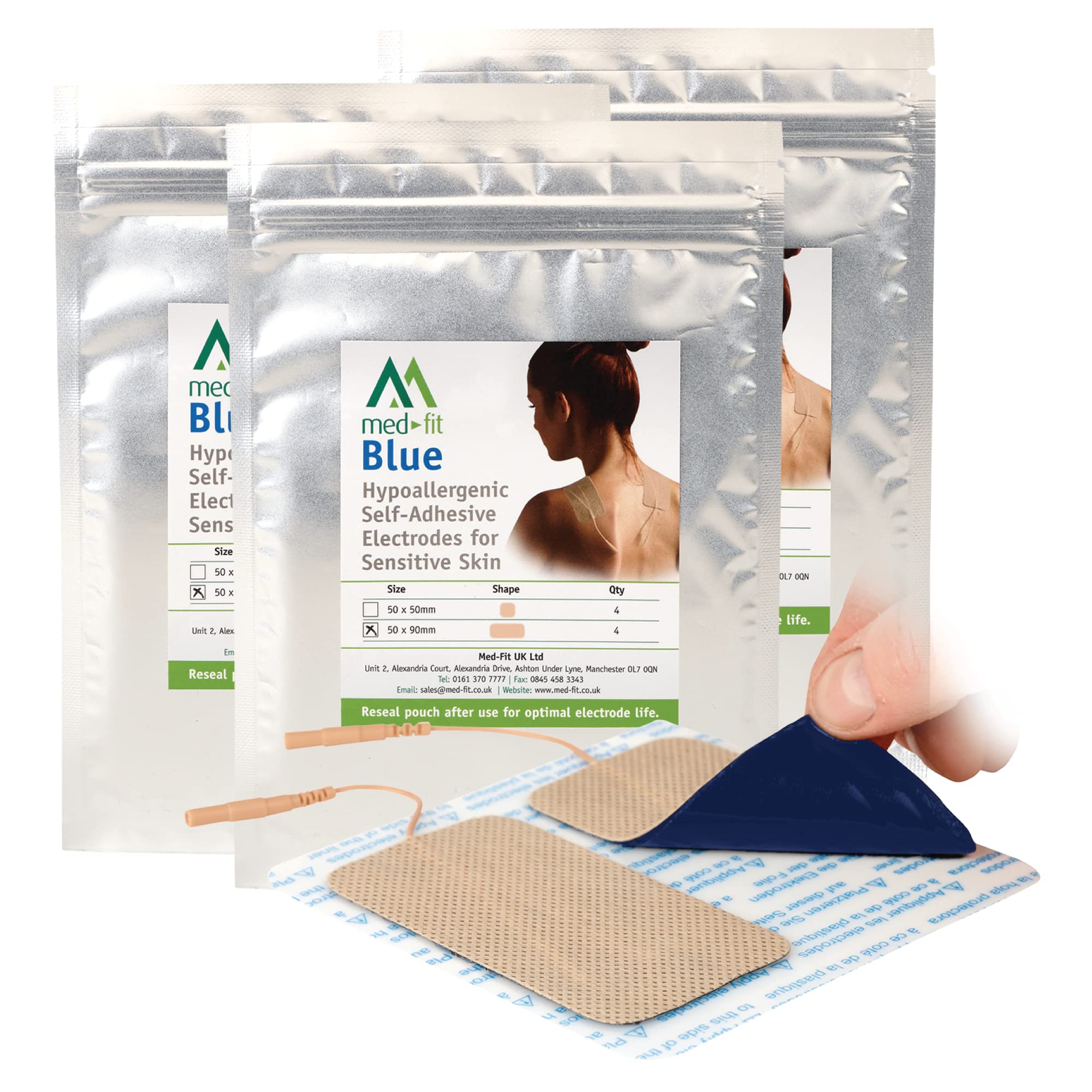Med-Fit Blue Sensitive Skin TENS Pads 5cm x 10cm 100% completley Natural Hydro-Gel - Bumper Pack 12 Pads 3 Packs