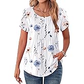 Zeagoo Womens Tops Petal Short Sleeve Summer Casual Crew Neck Shirts Floral Solid Blouse Pleated Tunics