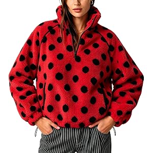 HangNiFang Women's Sherpa Fleece Jacket Polka Dot Quarter Zip Pullover Coat | fuzzy winter warm jacket, 1/4 zipper polka dot