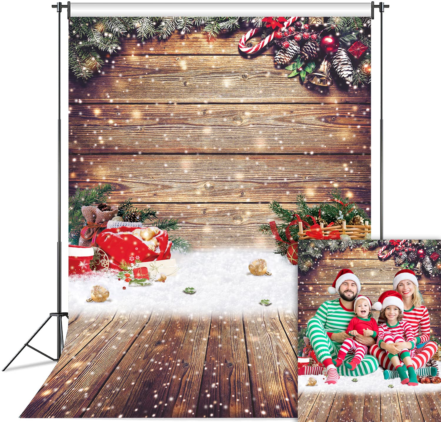 Christmas Wood Wall Photography Backdrop Rustic Wooden Floor Background Winter Holiday Glitter Christmas Party Decoration for Kids Portrait Photo Studio Props (8x10FT)